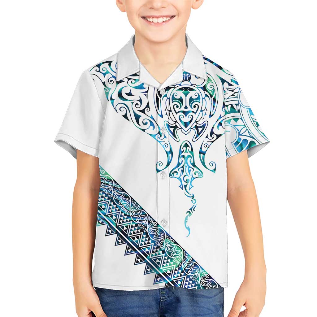 Kahui Whetu Paua shell Kowhaiwhai Taniko Personalised Kid Hawaiian Shirt Manta Ray Shark-Turtle Maori Tribal Style LT9 Kid Blue - Polynesian Pride