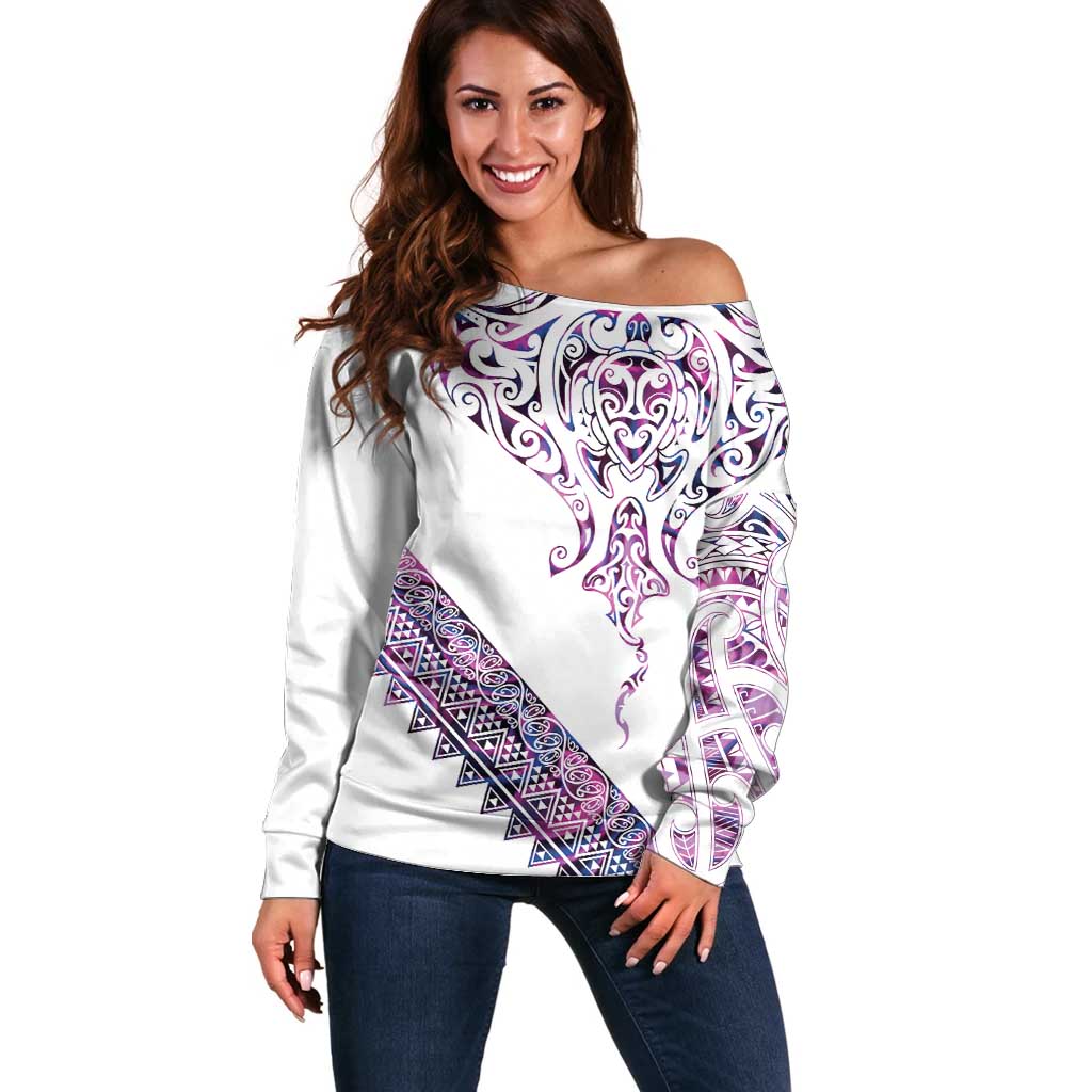 Mawhero Paua shell Kowhaiwhai Taniko Personalised Off Shoulder Sweater Manta Ray Shark-Turtle Maori Tribal Style LT9 Women Pink - Polynesian Pride