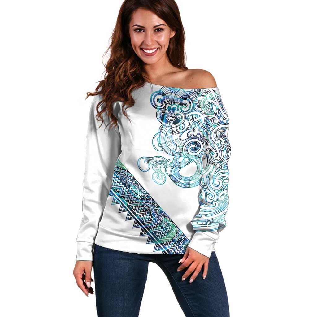 Kahui Whetu Paua shell Kowhaiwhai Taniko Personalised Off Shoulder Sweater Taniwha Maori Tribal Style LT9 Women Blue - Polynesian Pride