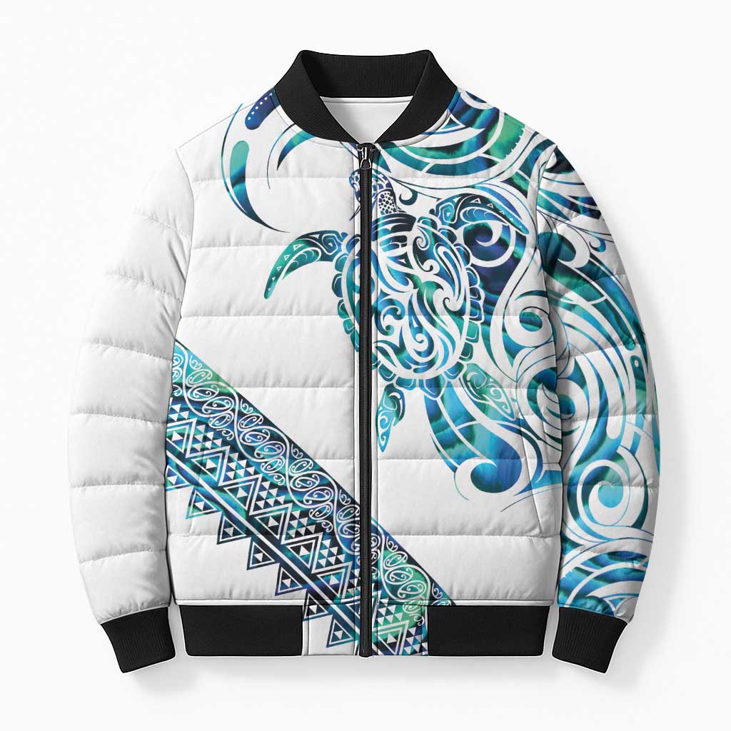 Kahui Whetu Paua shell Kowhaiwhai Taniko Personalised Bomber Puffer Jacket Turtle Tattoo Maori Tribal Style LT9 Unisex Blue - Polynesian Pride