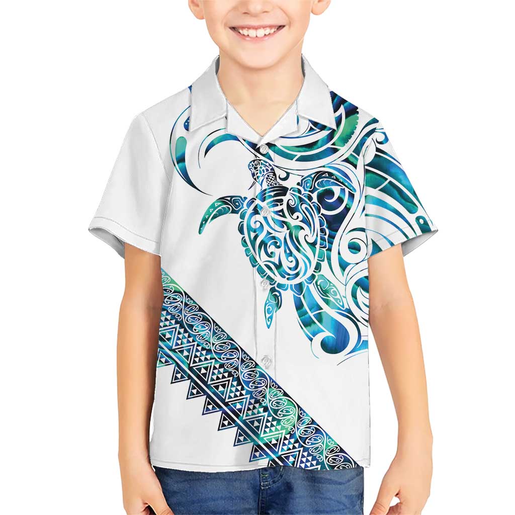 Kahui Whetu Paua shell Kowhaiwhai Taniko Personalised Kid Hawaiian Shirt Turtle Tattoo Maori Tribal Style LT9 Kid Blue - Polynesian Pride