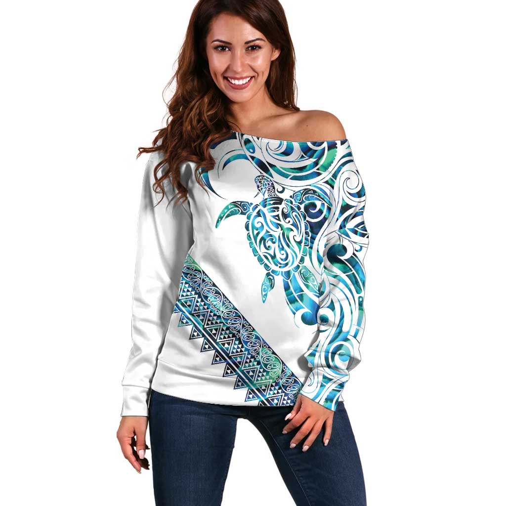Kahui Whetu Paua shell Kowhaiwhai Taniko Personalised Off Shoulder Sweater Turtle Tattoo Maori Tribal Style LT9 Women Blue - Polynesian Pride