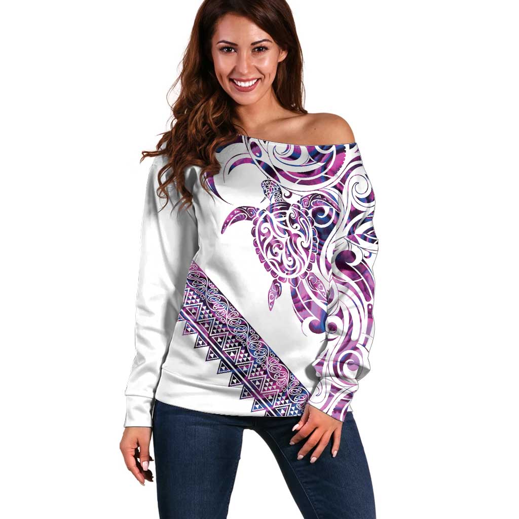 Mawhero Paua shell Kowhaiwhai Taniko Personalised Off Shoulder Sweater Turtle Tattoo Maori Tribal Style LT9 Women Pink - Polynesian Pride