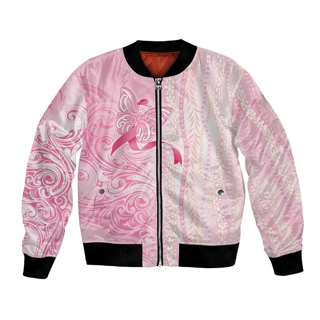 Breast Cancer Awareness Bomber Jacket Maile Pikake Lokelani Crown Flower Lei Inspired LT9 Unisex Pink - Polynesian Pride