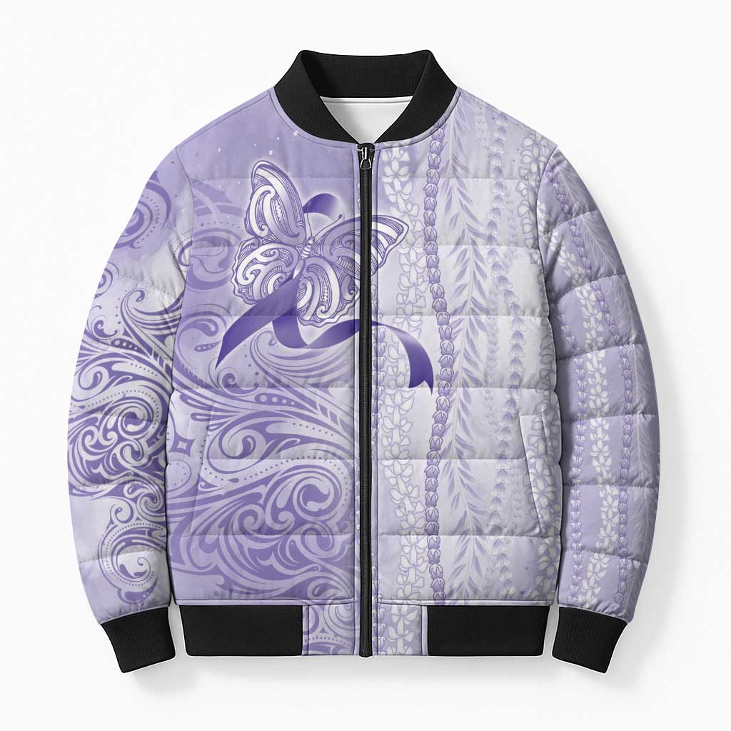 Epilepsy Awareness Bomber Puffer Jacket Maile Pikake Lokelani Crown Flower Lei Inspired LT9 Unisex Purple - Polynesian Pride