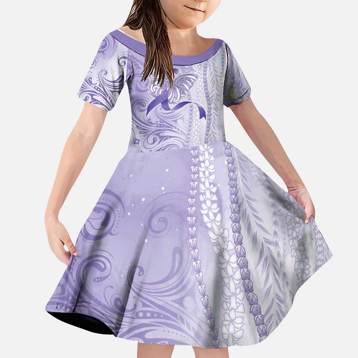 Epilepsy Awareness Kid Short Sleeve Dress Maile Pikake Lokelani Crown Flower Lei Inspired LT9 KID Purple - Polynesian Pride