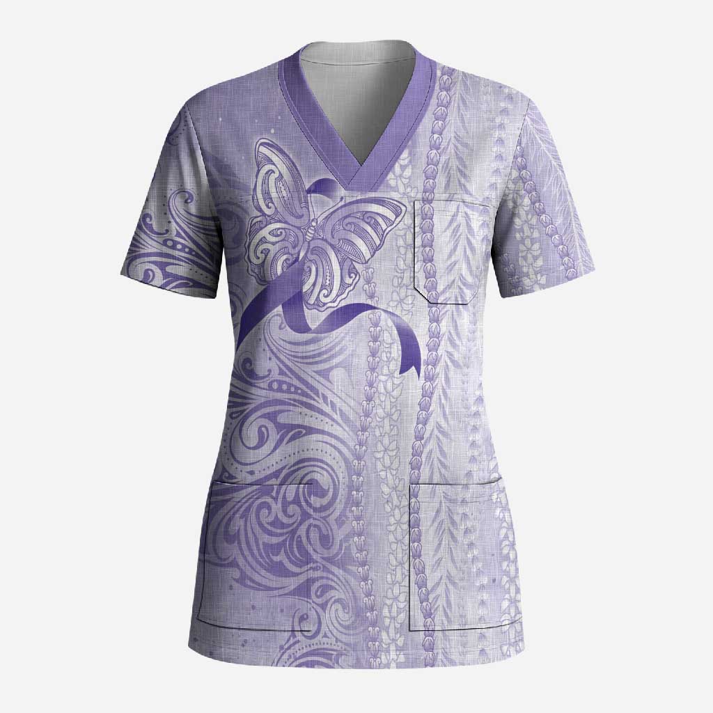 Epilepsy Awareness Scrub Top Maile Pikake Lokelani Crown Flower Lei Inspired LT9 Adult Purple - Polynesian Pride