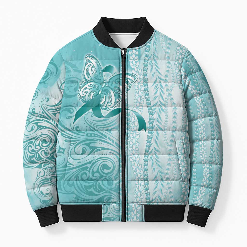 PTSD Awareness Bomber Puffer Jacket Maile Pikake Lokelani Crown Flower Lei Inspired LT9 Unisex Teal - Polynesian Pride