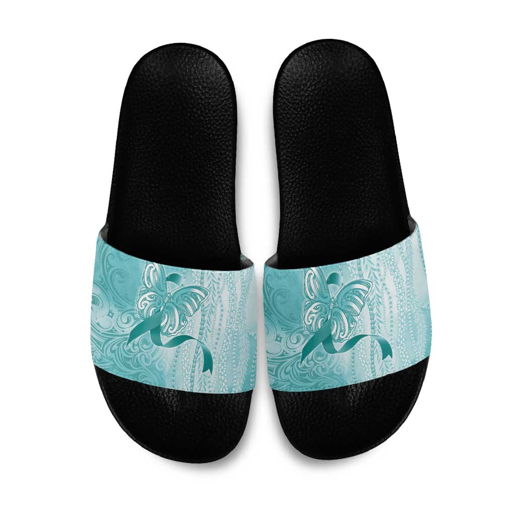 PTSD Awareness Slide Sandals Maile Pikake Lokelani Crown Flower Lei Inspired LT9 Teal - Polynesian Pride