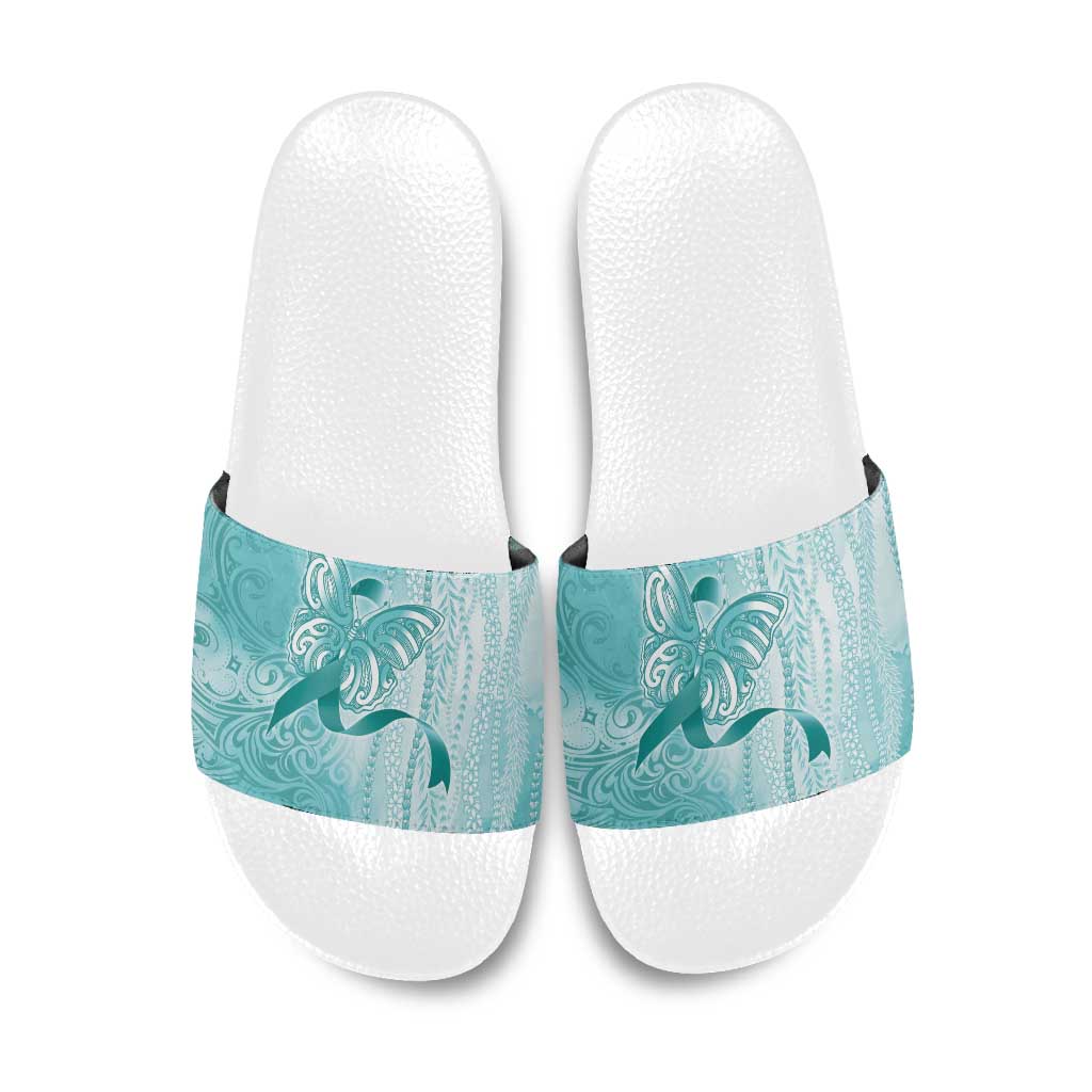 PTSD Awareness Slide Sandals Maile Pikake Lokelani Crown Flower Lei Inspired LT9 Teal - Polynesian Pride