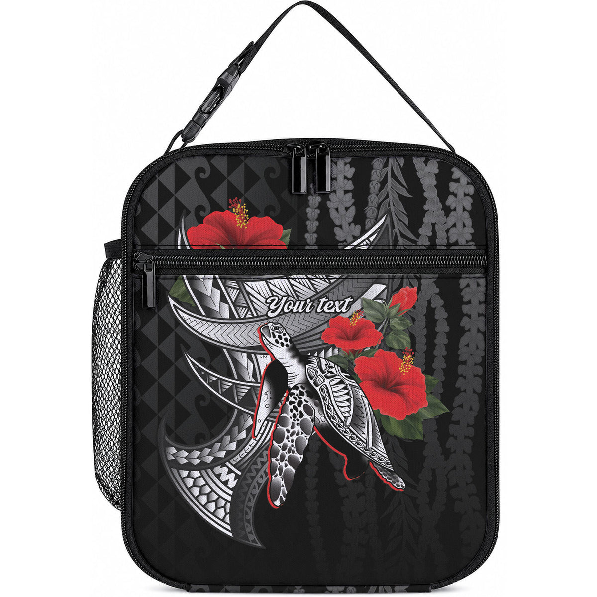 Hawaiian Honu Personalized Lunch Bag Black Tribal Hook Pattern LT9 10.2 × 8.3 × 4.3 inch Blue - Polynesian Pride