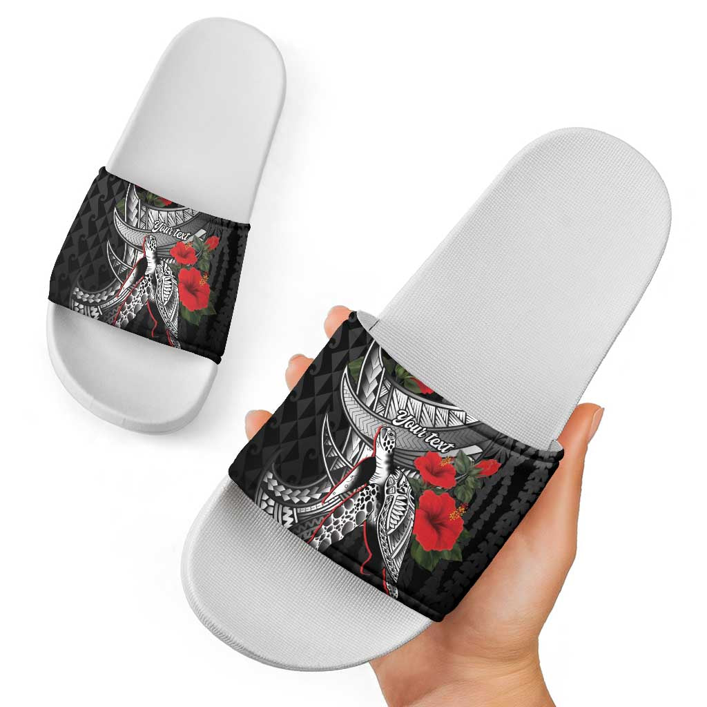 Hawaiian Honu Personalized Slide Sandals Black Tribal Hook Pattern LT9 - Polynesian Pride