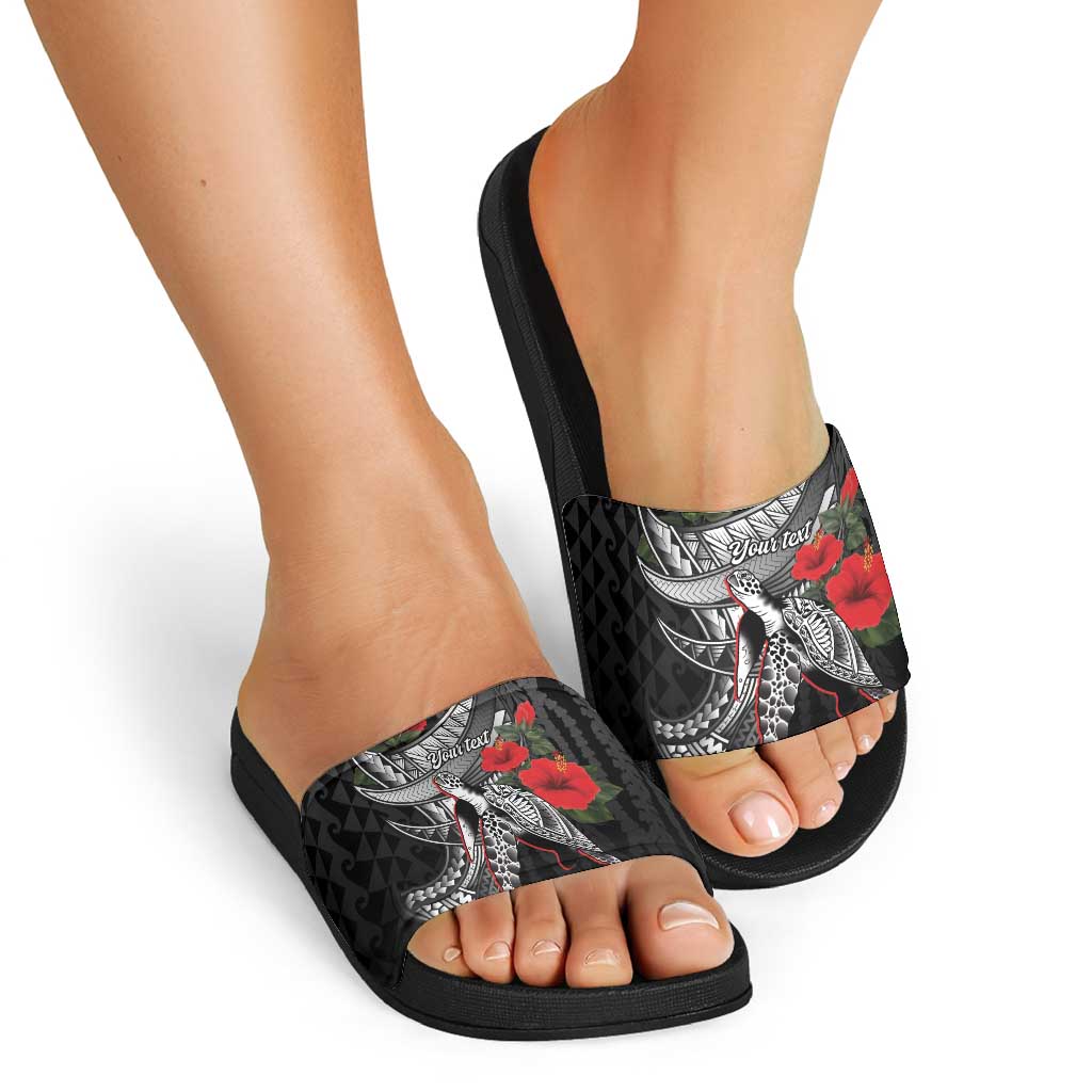 Hawaiian Honu Personalized Slide Sandals Black Tribal Hook Pattern LT9 - Polynesian Pride