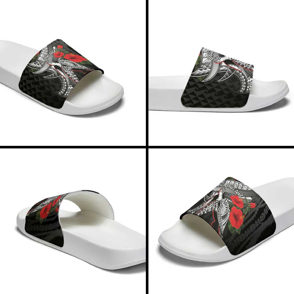 Hawaiian Honu Personalized Slide Sandals Black Tribal Hook Pattern LT9 - Polynesian Pride