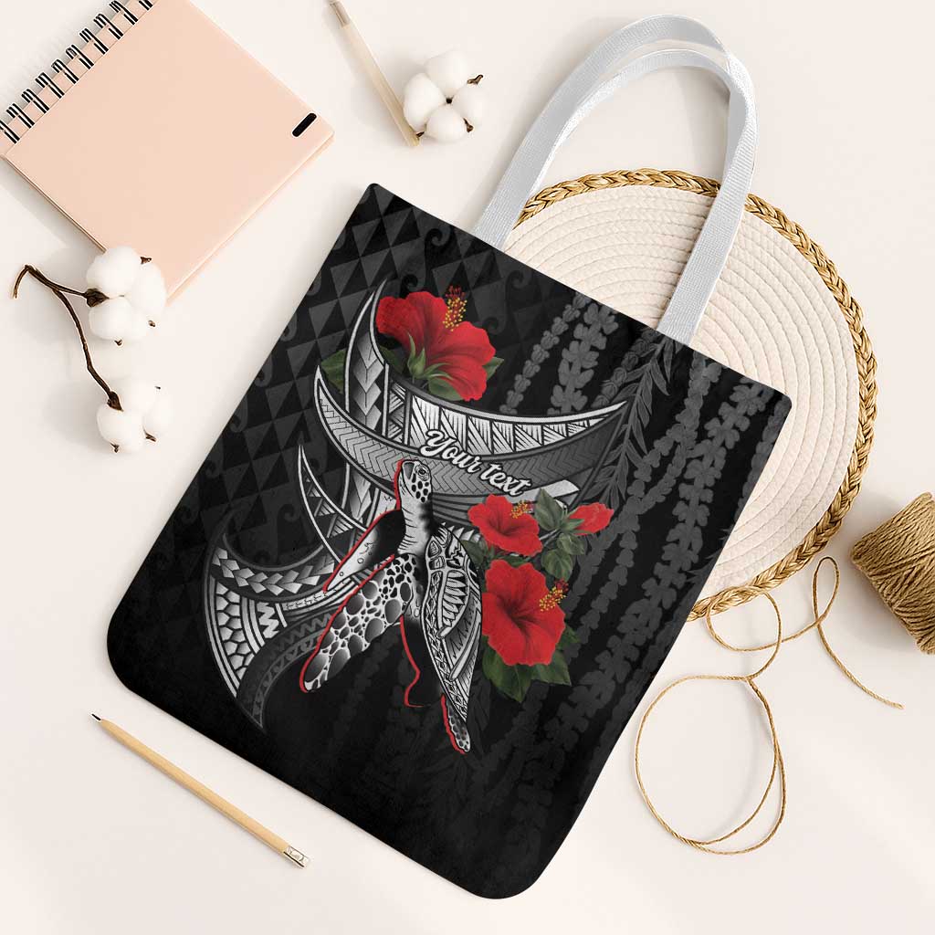 Hawaiian Honu Personalized Tote Bag Black Tribal Hook Pattern LT9 White Strap One Size Black - Polynesian Pride