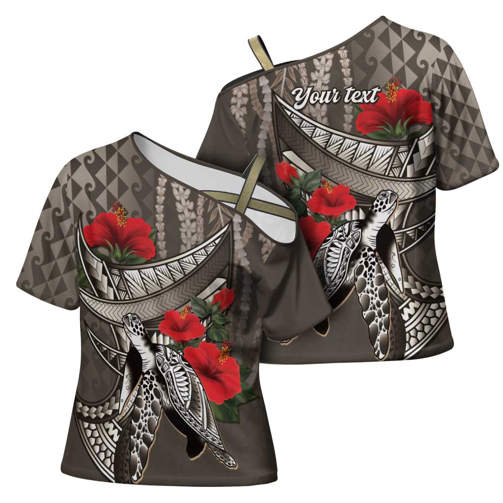 Hawaiian Honu Personalized Cross Shoulder Shirt Mocha Mousse Hibiscus Tribal Hook Pattern LT9 - Polynesian Pride