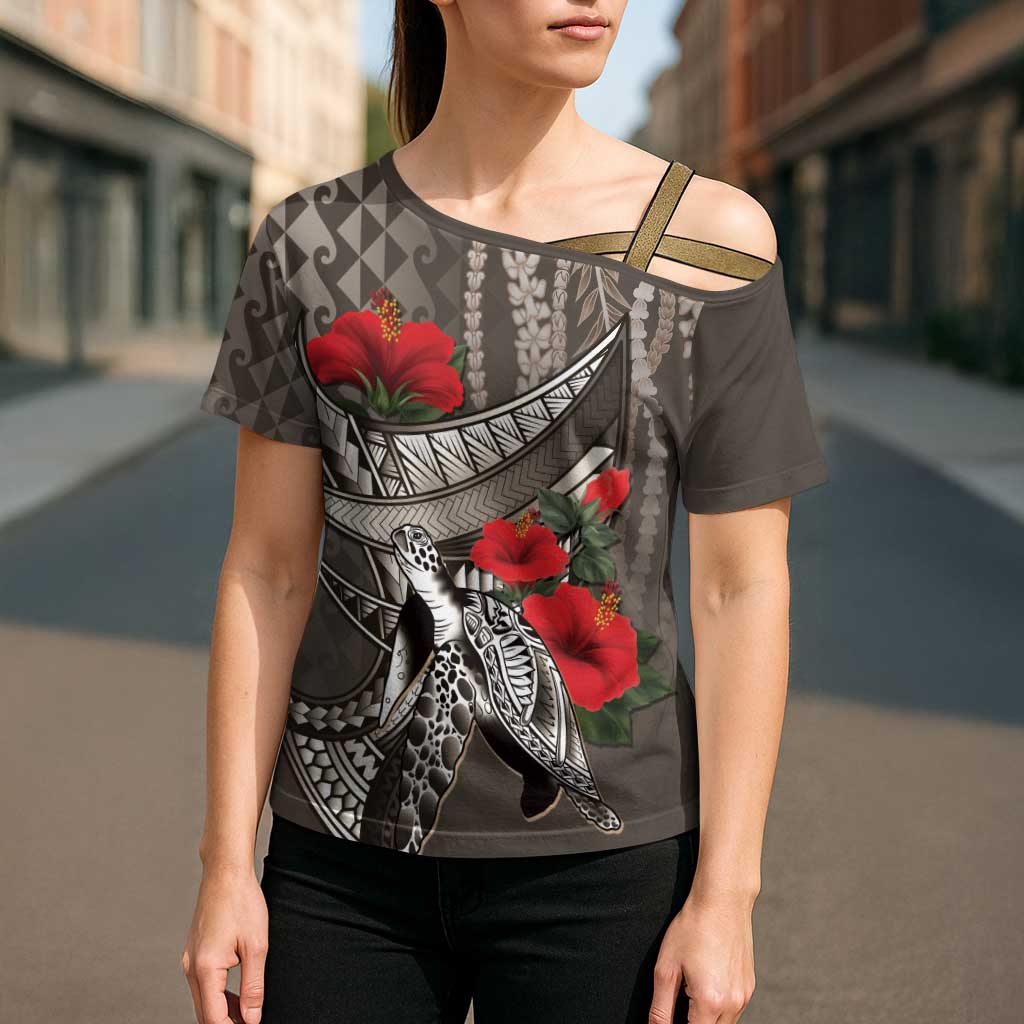 Hawaiian Honu Personalized Cross Shoulder Shirt Mocha Mousse Hibiscus Tribal Hook Pattern LT9 - Polynesian Pride