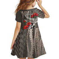 Hawaiian Honu Personalized Kid Short Sleeve Dress Mocha Mousse Hibiscus Tribal Hook Pattern LT9 - Polynesian Pride