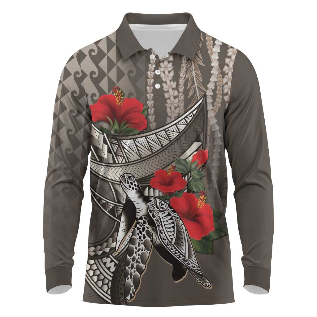 Hawaiian Honu Personalized Long Sleeve Polo Shirt Mocha Mousse Hibiscus Tribal Hook Pattern LT9 Mocha - Polynesian Pride