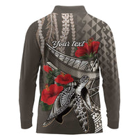 Hawaiian Honu Personalized Long Sleeve Polo Shirt Mocha Mousse Hibiscus Tribal Hook Pattern LT9 - Polynesian Pride