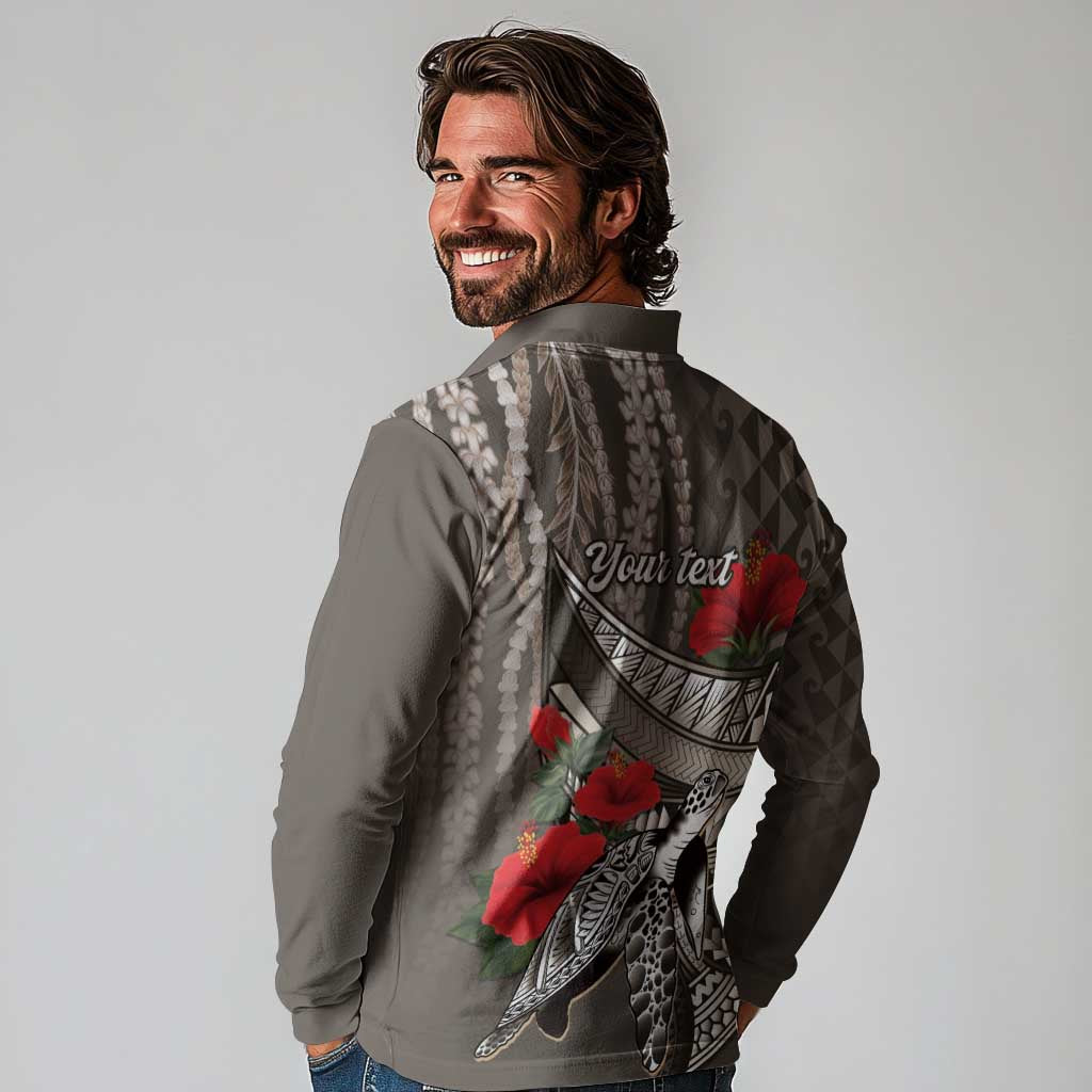 Hawaiian Honu Personalized Long Sleeve Polo Shirt Mocha Mousse Hibiscus Tribal Hook Pattern LT9 - Polynesian Pride