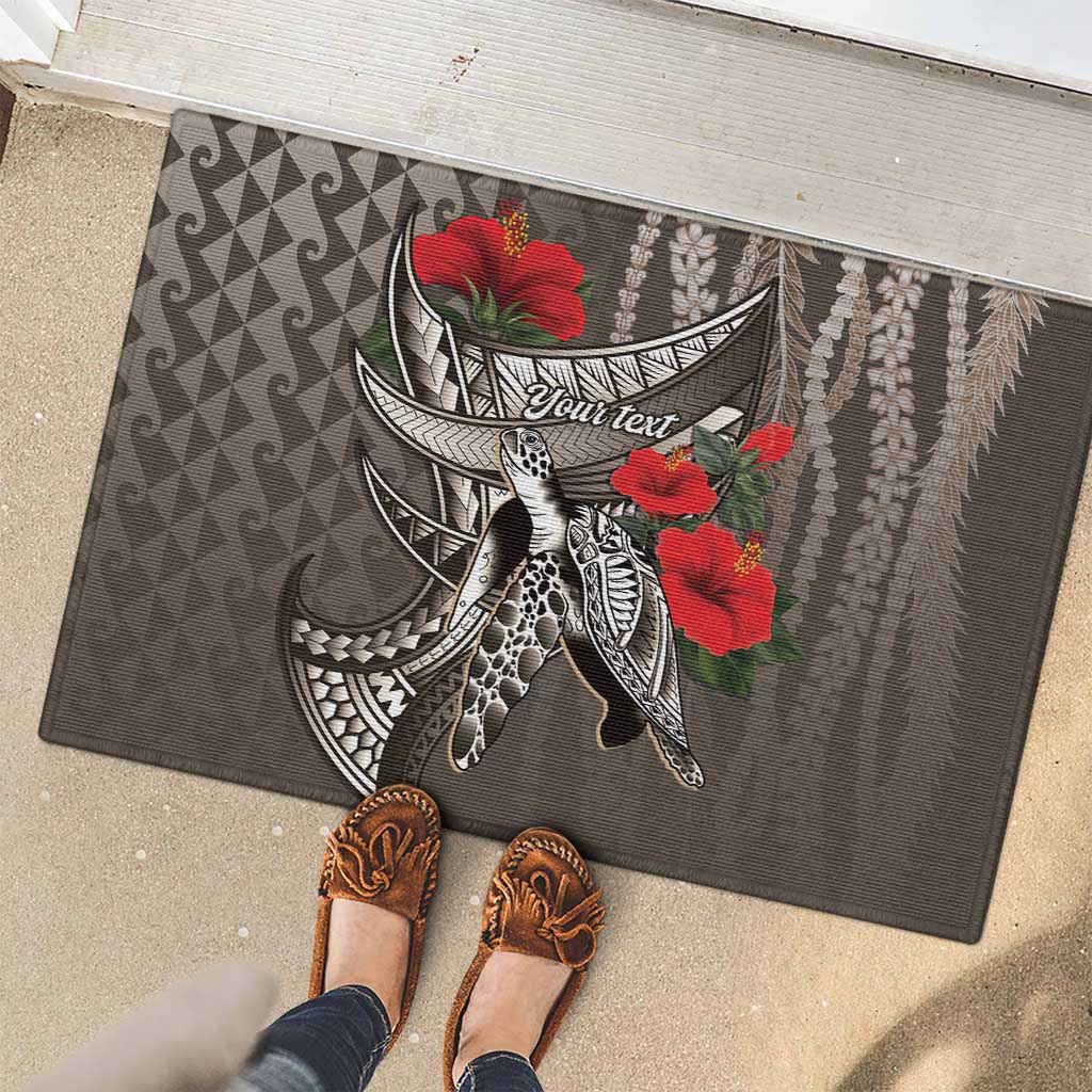 Hawaiian Honu Personalized Rubber Doormat Mocha Mousse Hibiscus Tribal Hook Pattern LT9 - Polynesian Pride