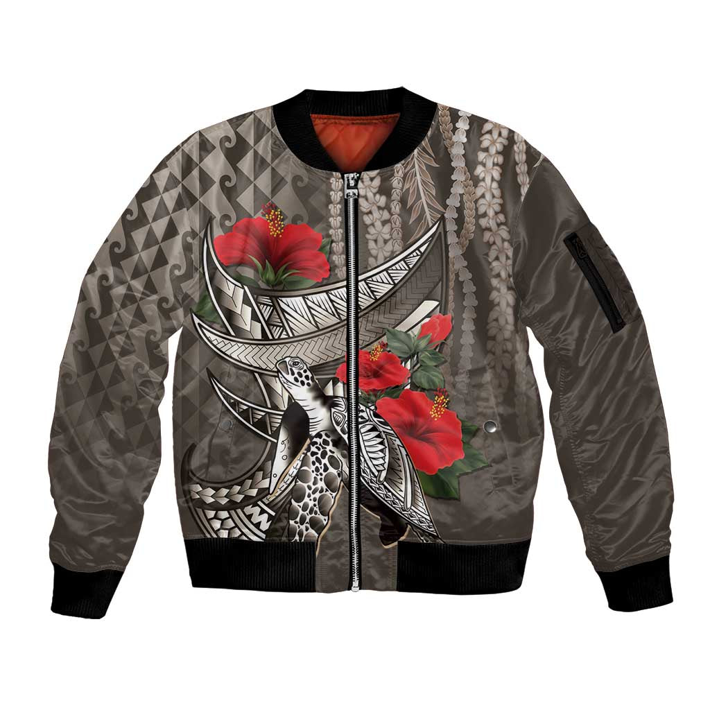 Hawaiian Honu Personalized Sleeve Zip Bomber Jacket Mocha Mousse Hibiscus Tribal Hook Pattern LT9 Unisex Mocha - Polynesian Pride