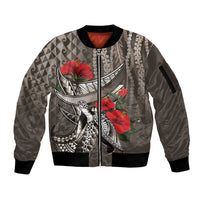 Hawaiian Honu Personalized Sleeve Zip Bomber Jacket Mocha Mousse Hibiscus Tribal Hook Pattern LT9 Unisex Mocha - Polynesian Pride