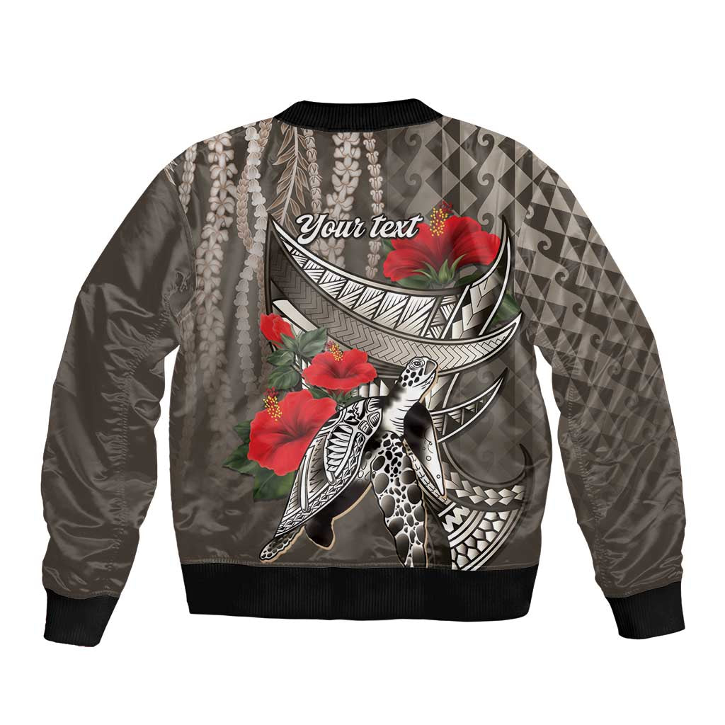 Hawaiian Honu Personalized Sleeve Zip Bomber Jacket Mocha Mousse Hibiscus Tribal Hook Pattern LT9 - Polynesian Pride