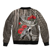 Hawaiian Honu Personalized Sleeve Zip Bomber Jacket Mocha Mousse Hibiscus Tribal Hook Pattern LT9 - Polynesian Pride