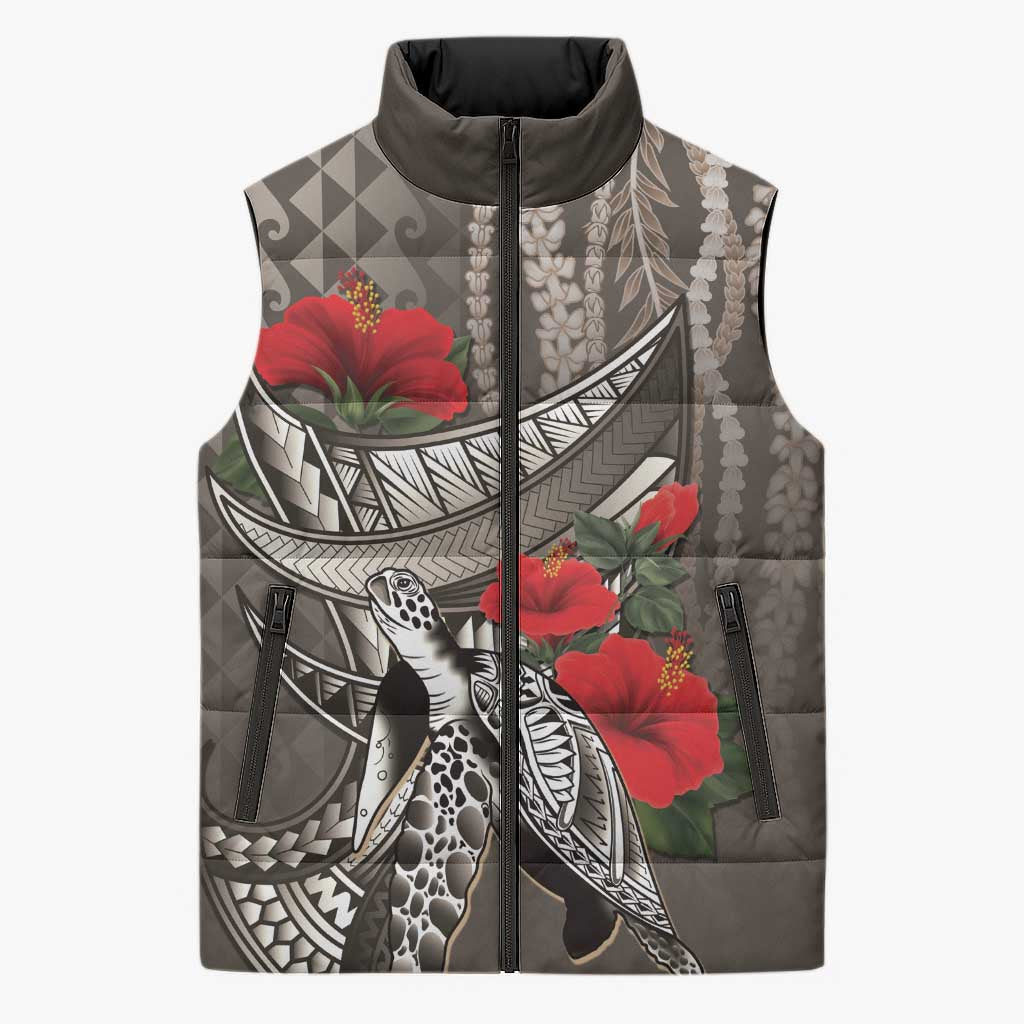 Hawaiian Honu Personalized Sleeveless Puffer Jacket Mocha Mousse Hibiscus Tribal Hook Pattern LT9 Unisex Mocha - Polynesian Pride