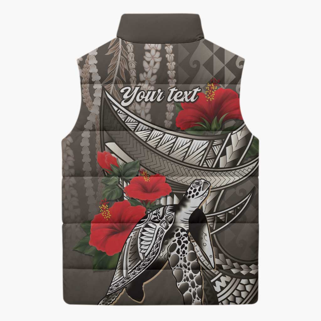 Hawaiian Honu Personalized Sleeveless Puffer Jacket Mocha Mousse Hibiscus Tribal Hook Pattern LT9 - Polynesian Pride