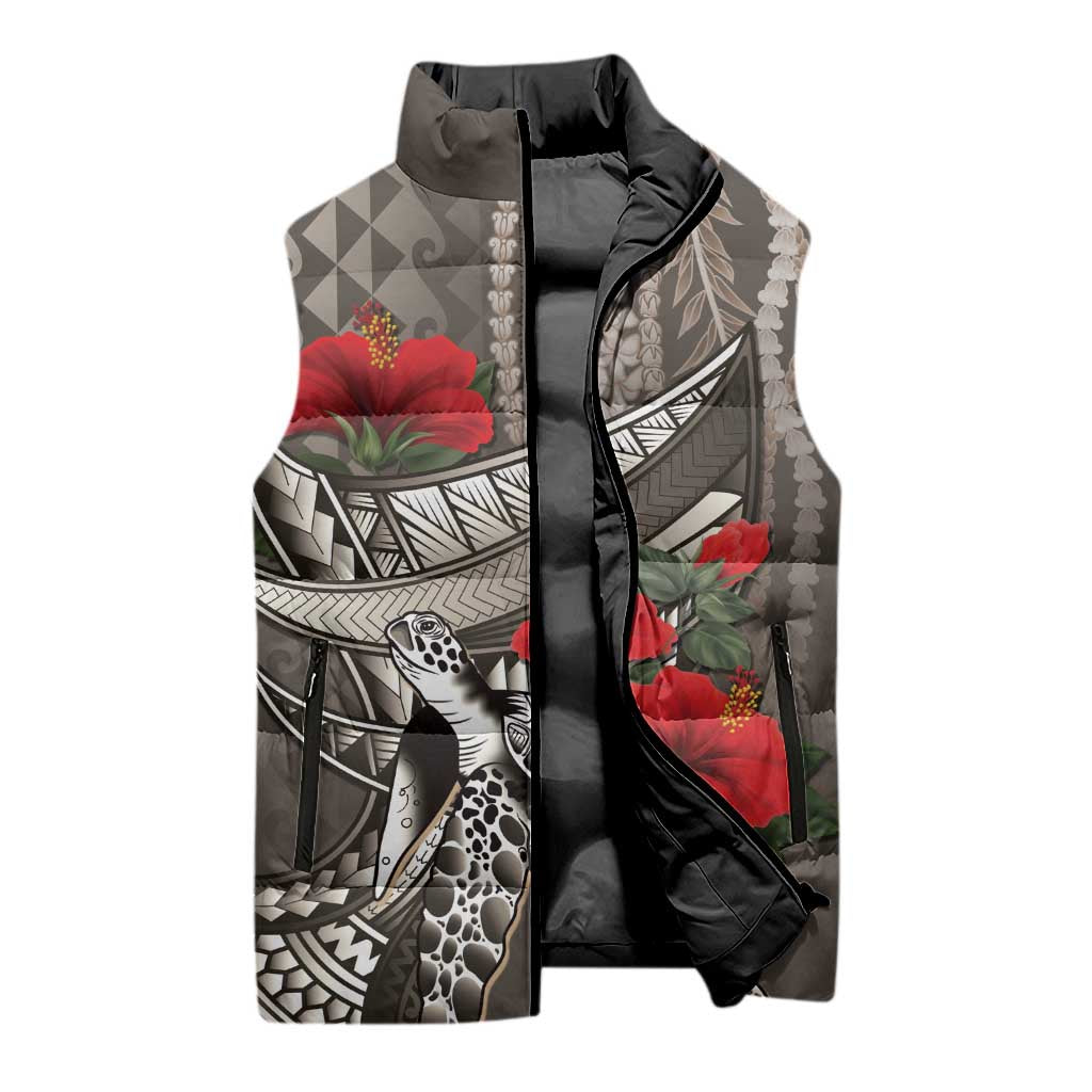 Hawaiian Honu Personalized Sleeveless Puffer Jacket Mocha Mousse Hibiscus Tribal Hook Pattern LT9 - Polynesian Pride