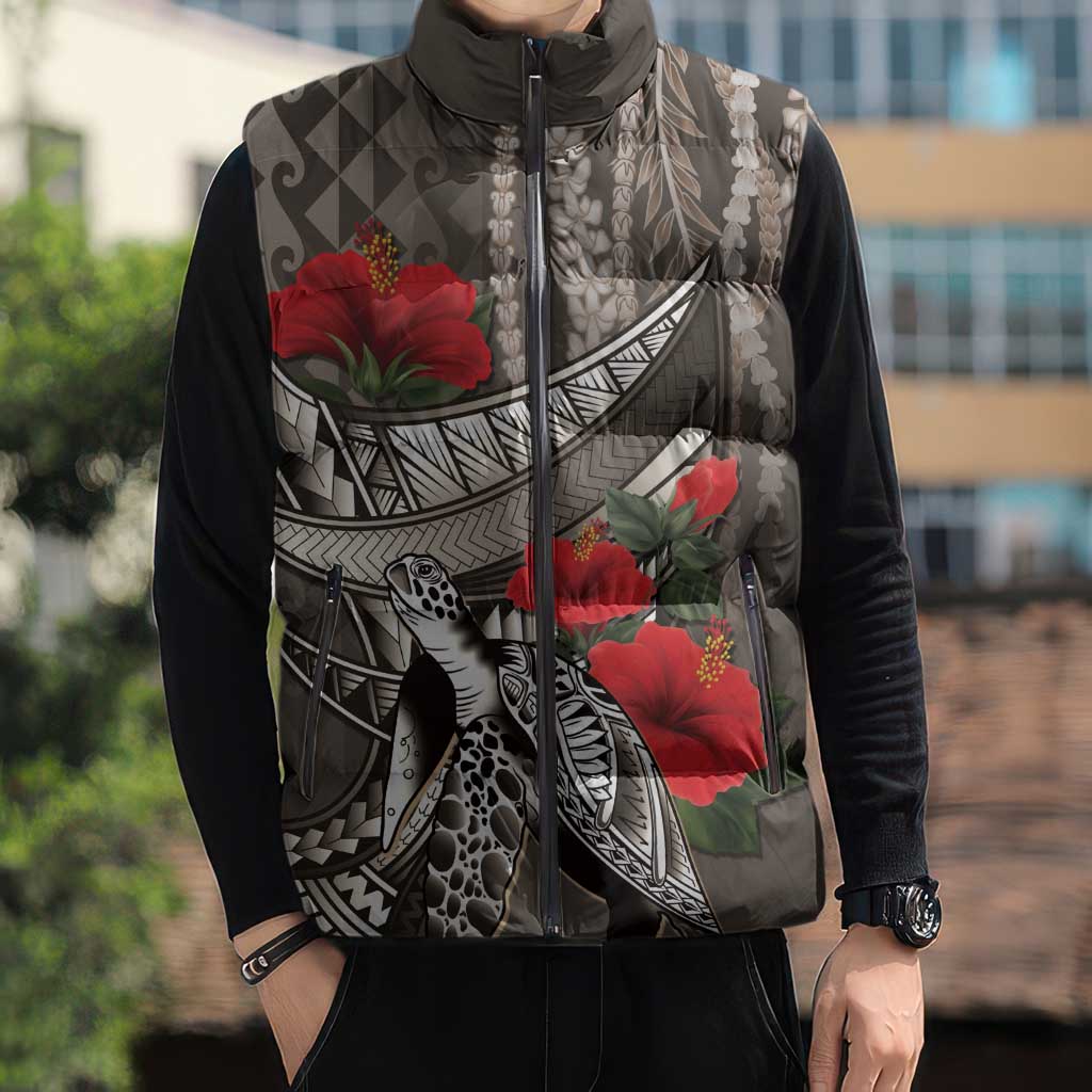 Hawaiian Honu Personalized Sleeveless Puffer Jacket Mocha Mousse Hibiscus Tribal Hook Pattern LT9 - Polynesian Pride