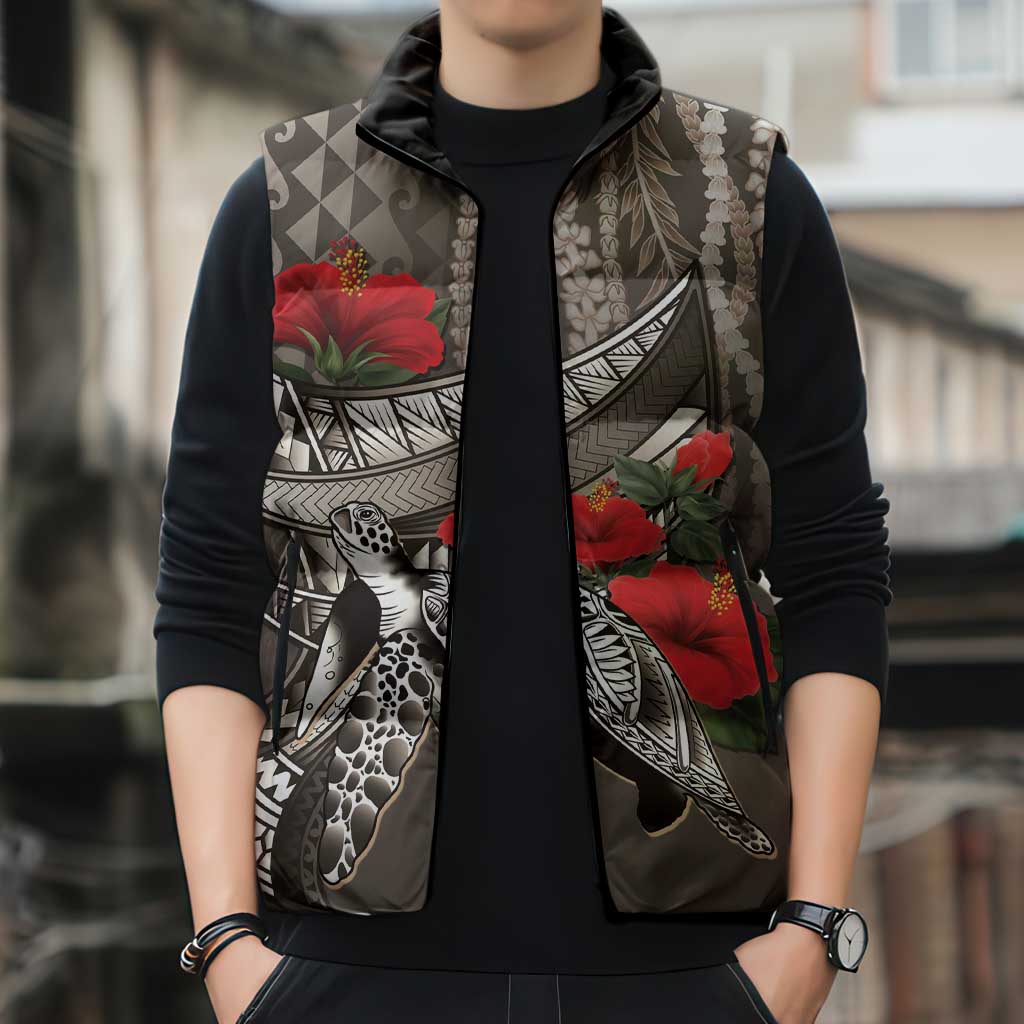 Hawaiian Honu Personalized Sleeveless Puffer Jacket Mocha Mousse Hibiscus Tribal Hook Pattern LT9 - Polynesian Pride
