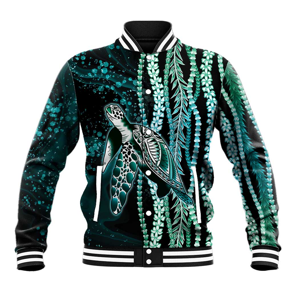 Hawaiian Honu Personalized Baseball Jacket Dark Cyan Maile Pikake Flower Lei Inspired LT9 Unisex Cyan - Polynesian Pride