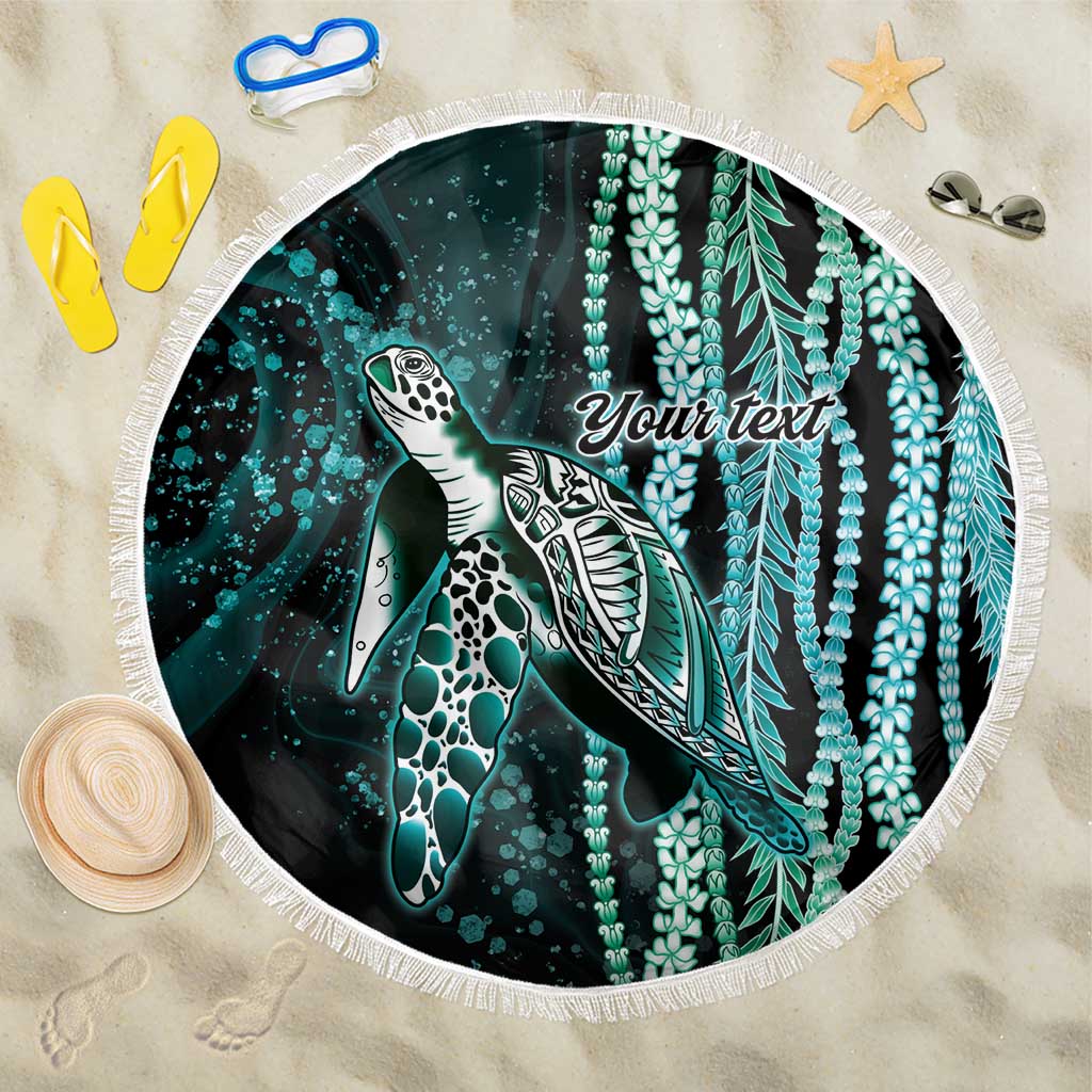 Hawaiian Honu Personalized Beach Blanket Dark Cyan Maile Pikake Flower Lei Inspired LT9 One Size 150cm Cyan - Polynesian Pride