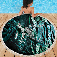 Hawaiian Honu Personalized Beach Blanket Dark Cyan Maile Pikake Flower Lei Inspired LT9 - Polynesian Pride