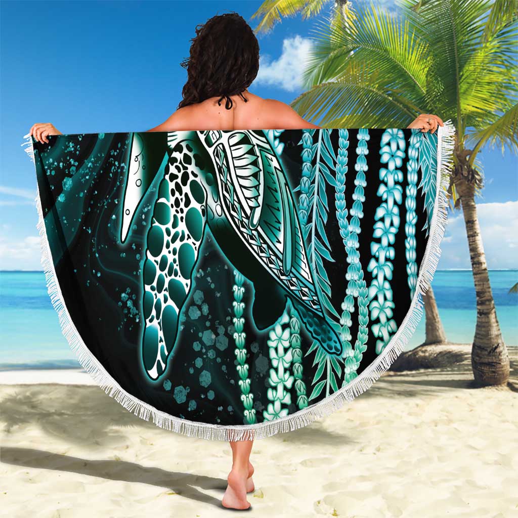 Hawaiian Honu Personalized Beach Blanket Dark Cyan Maile Pikake Flower Lei Inspired LT9 - Polynesian Pride