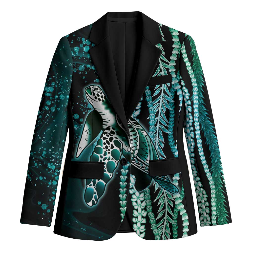 Hawaiian Honu Personalized Blazer Dark Cyan Maile Pikake Flower Lei Inspired LT9 Unisex Cyan - Polynesian Pride