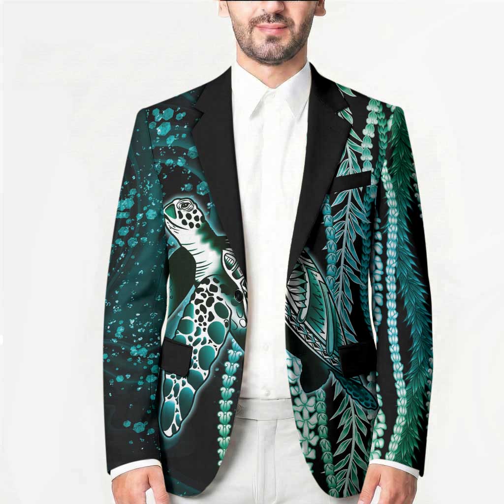 Hawaiian Honu Personalized Blazer Dark Cyan Maile Pikake Flower Lei Inspired LT9 - Polynesian Pride