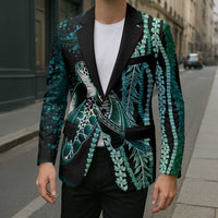 Hawaiian Honu Personalized Blazer Dark Cyan Maile Pikake Flower Lei Inspired LT9 - Polynesian Pride