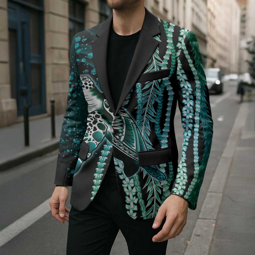 Hawaiian Honu Personalized Blazer Dark Cyan Maile Pikake Flower Lei Inspired LT9 - Polynesian Pride
