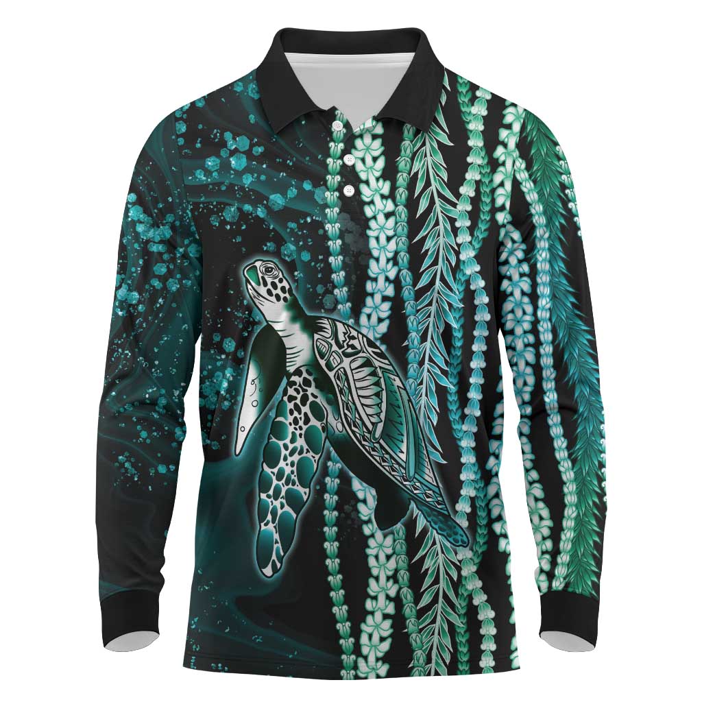 Hawaiian Honu Personalized Long Sleeve Polo Shirt Dark Cyan Maile Pikake Flower Lei Inspired LT9 Cyan - Polynesian Pride