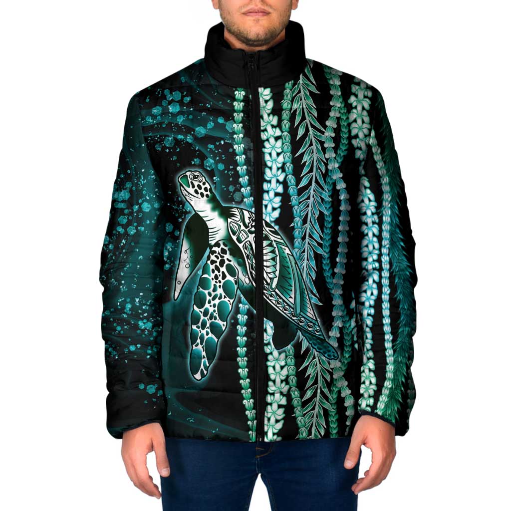 Hawaiian Honu Personalized Padded Jacket Dark Cyan Maile Pikake Flower Lei Inspired LT9 Men Cyan - Polynesian Pride