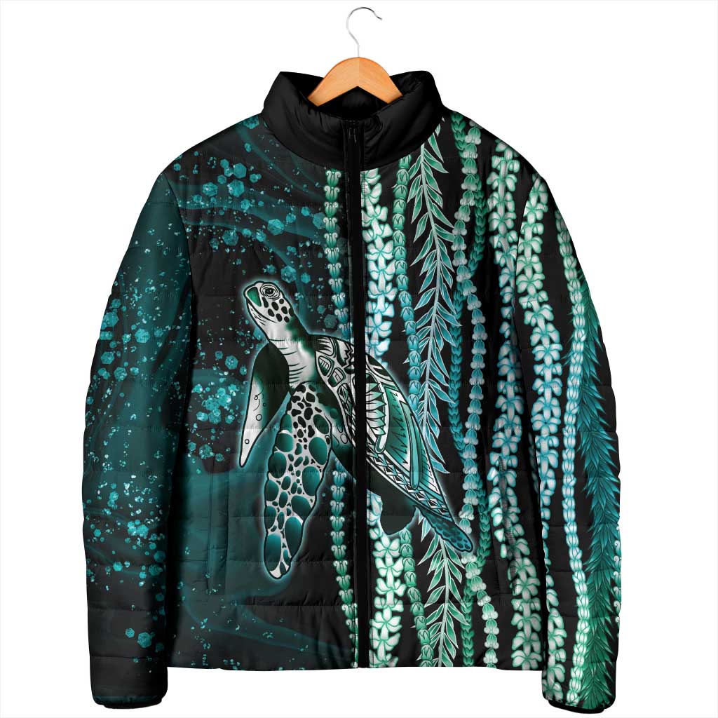 Hawaiian Honu Personalized Padded Jacket Dark Cyan Maile Pikake Flower Lei Inspired LT9 - Polynesian Pride