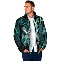 Hawaiian Honu Personalized Padded Jacket Dark Cyan Maile Pikake Flower Lei Inspired LT9 - Polynesian Pride