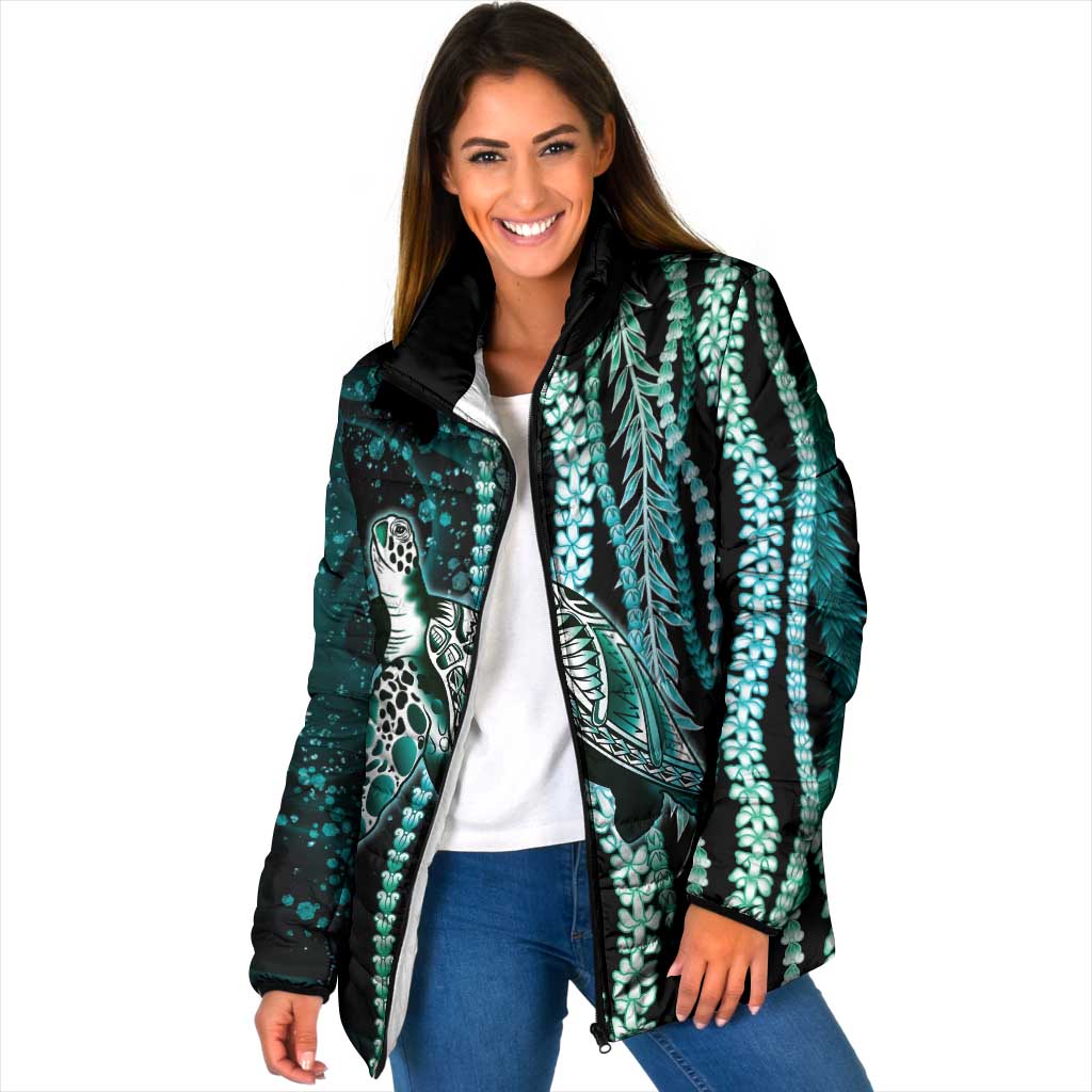 Hawaiian Honu Personalized Padded Jacket Dark Cyan Maile Pikake Flower Lei Inspired LT9 Women Cyan - Polynesian Pride