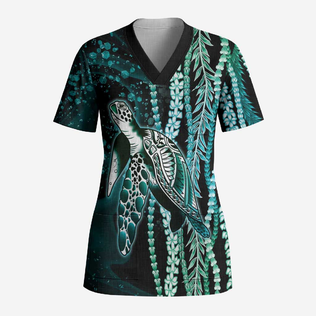 Hawaiian Honu Personalized Scrub Top Dark Cyan Maile Pikake Flower Lei Inspired LT9 Adult Cyan - Polynesian Pride