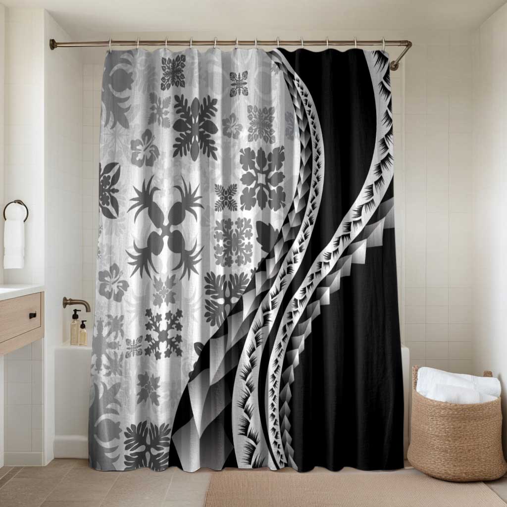 Black Hawaiian Quilt Pattern Bathroom Set Mixed Polynesian Tribal Arty LT9 Shower Curtain Only Black - Polynesian Pride